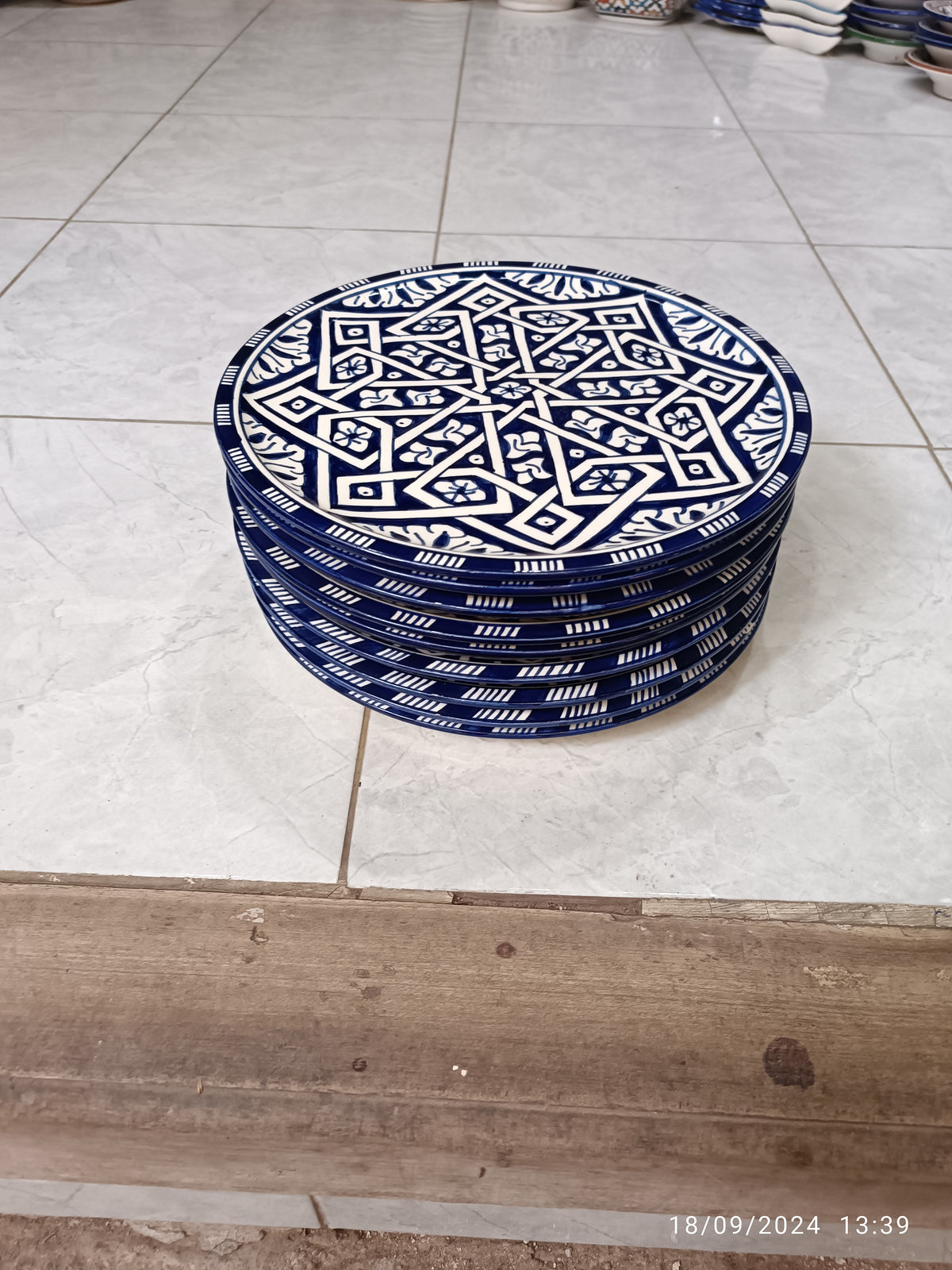 Handmade Moroccan Ceramic Decorative Plate – Blue & White Geometric Zellige Design