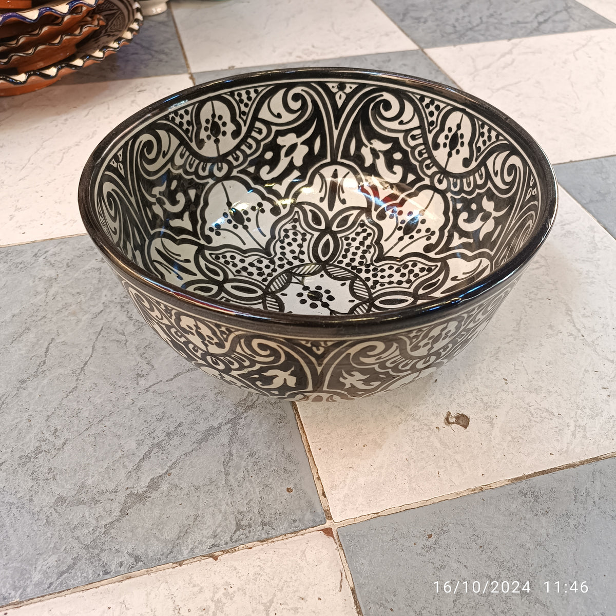 Moroccan Ceramic Decorative bowl – black & White handmade and hand painted