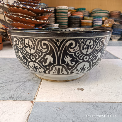 Handmade Moroccan Fassi Ceramic Bowl – Black & White Hand-Painted Serving Bowl | Traditional Fez Pottery