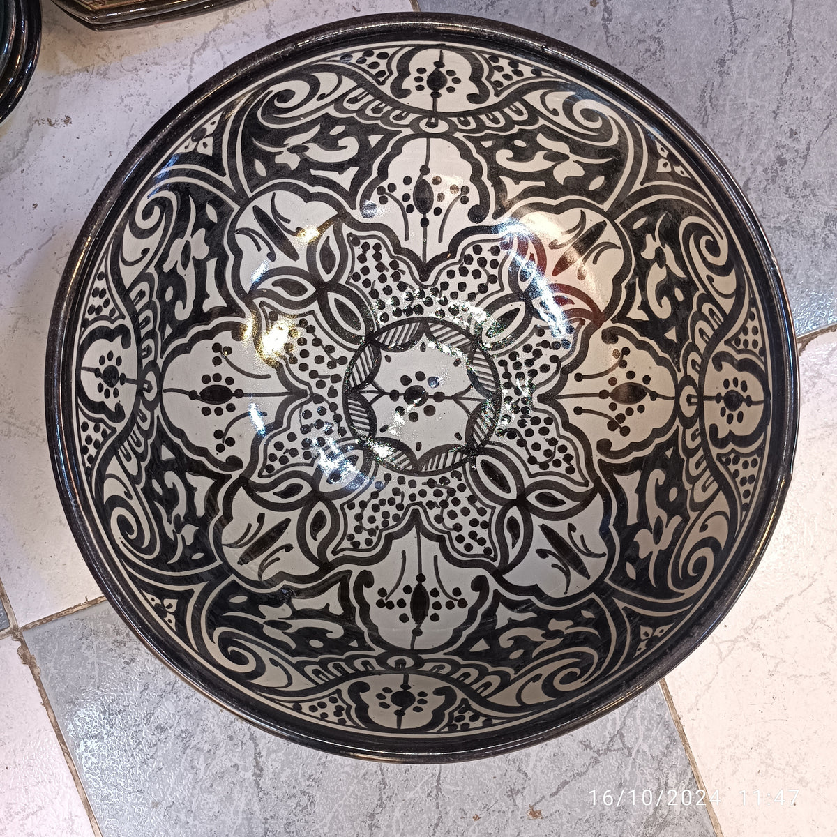 Moroccan Ceramic Decorative bowl – black & White handmade and hand painted