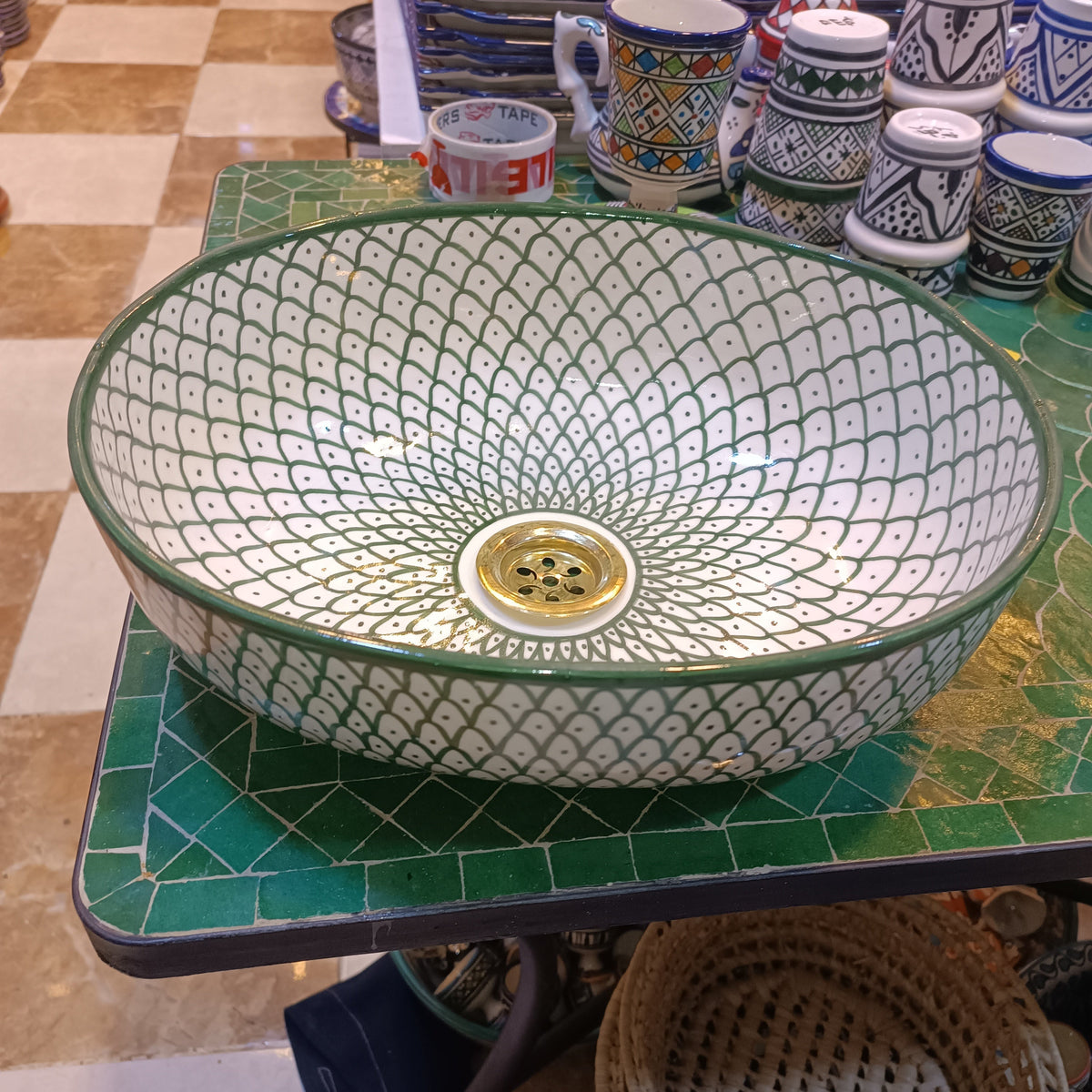 Handmade Moroccan Ceramic Vessel Sink – Green & Black & Gray Fish Scale Design