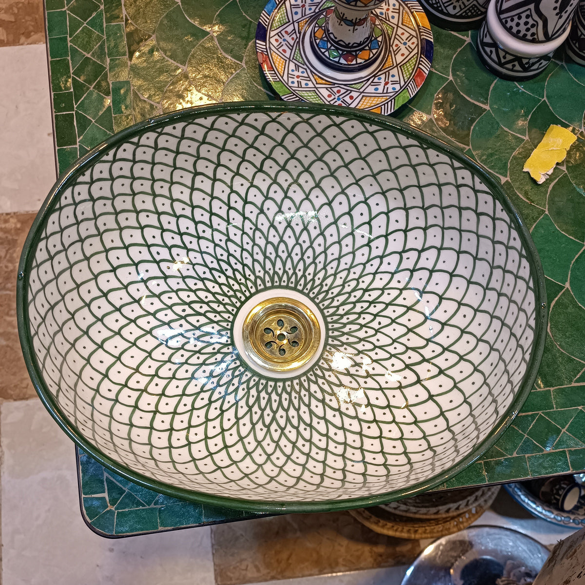Handmade Moroccan Ceramic Vessel Sink – Green & Black & Gray Fish Scale Design