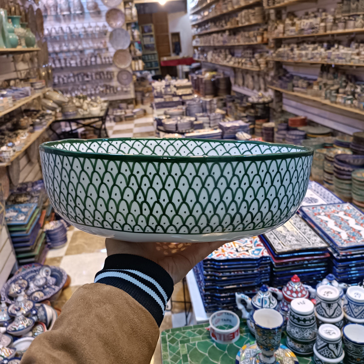 Handmade Moroccan Ceramic Vessel Sink – Green & Black & Gray Fish Scale Design