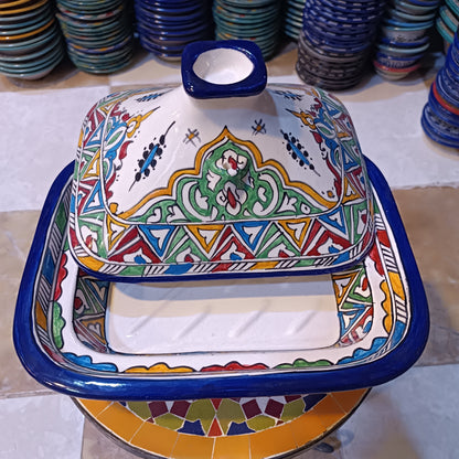 Square Moroccan Tagine – Multicolor Ceramic Cooking Pot 24 × 29 cm