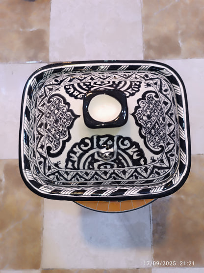 Square Black Moroccan Tagine – Ceramic Cooking Pot 24 × 29 cm
