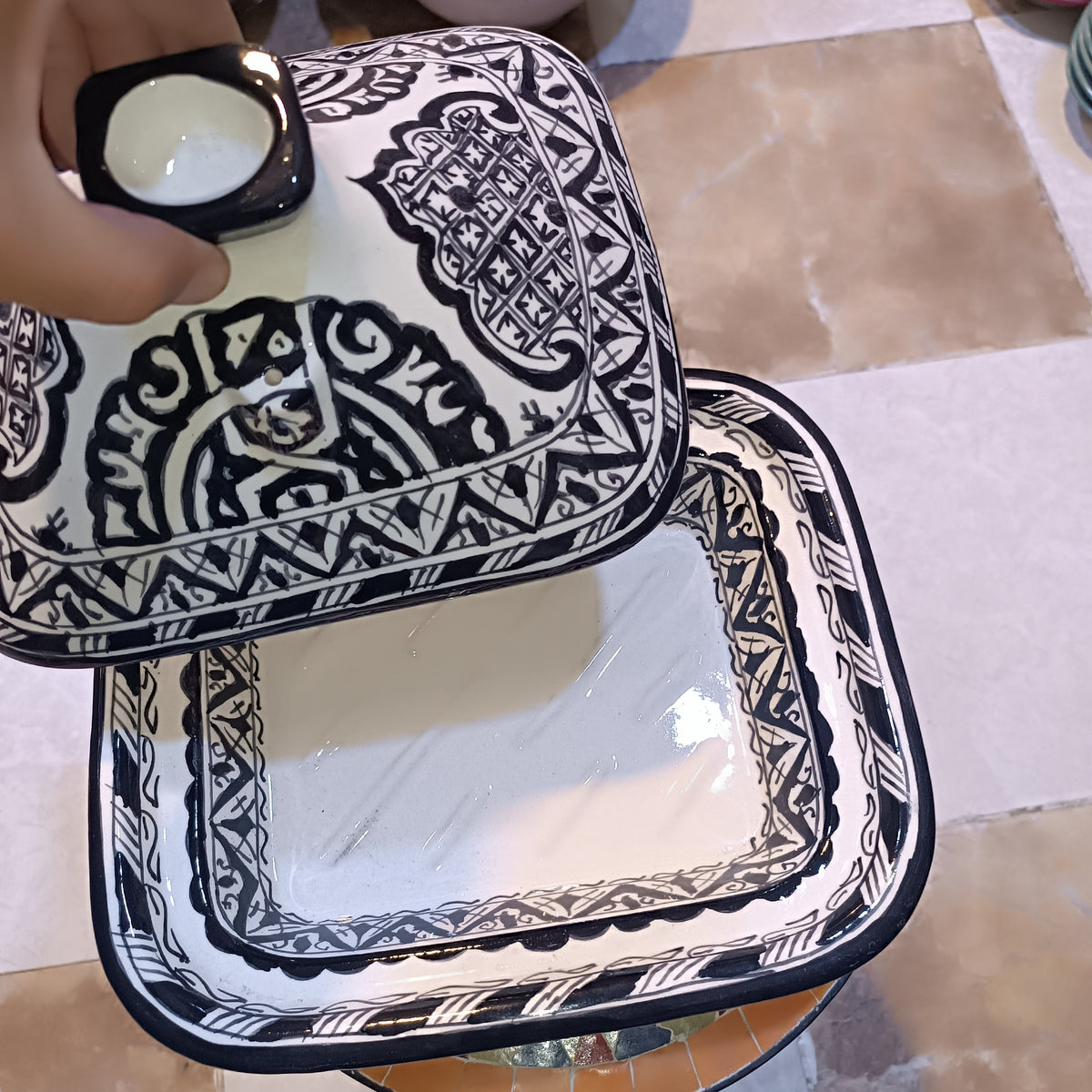 Square Black Moroccan Tagine – Ceramic Cooking Pot 24 × 29 cm