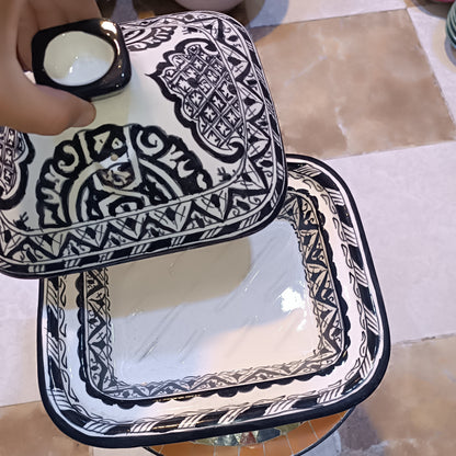 Square Black Moroccan Tagine – Ceramic Cooking Pot 24 × 29 cm