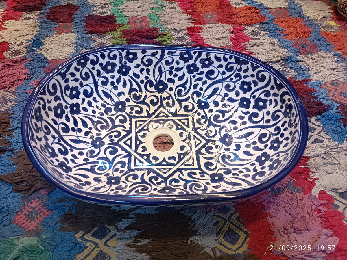 Handmade Moroccan Ceramic Vessel Sink – Blue & White Bathroom Sink