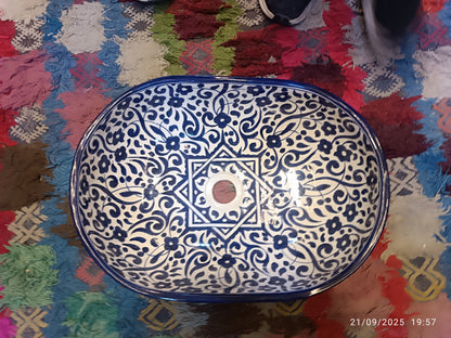 Handmade Moroccan Ceramic Vessel Sink – Blue & White Bathroom Sink