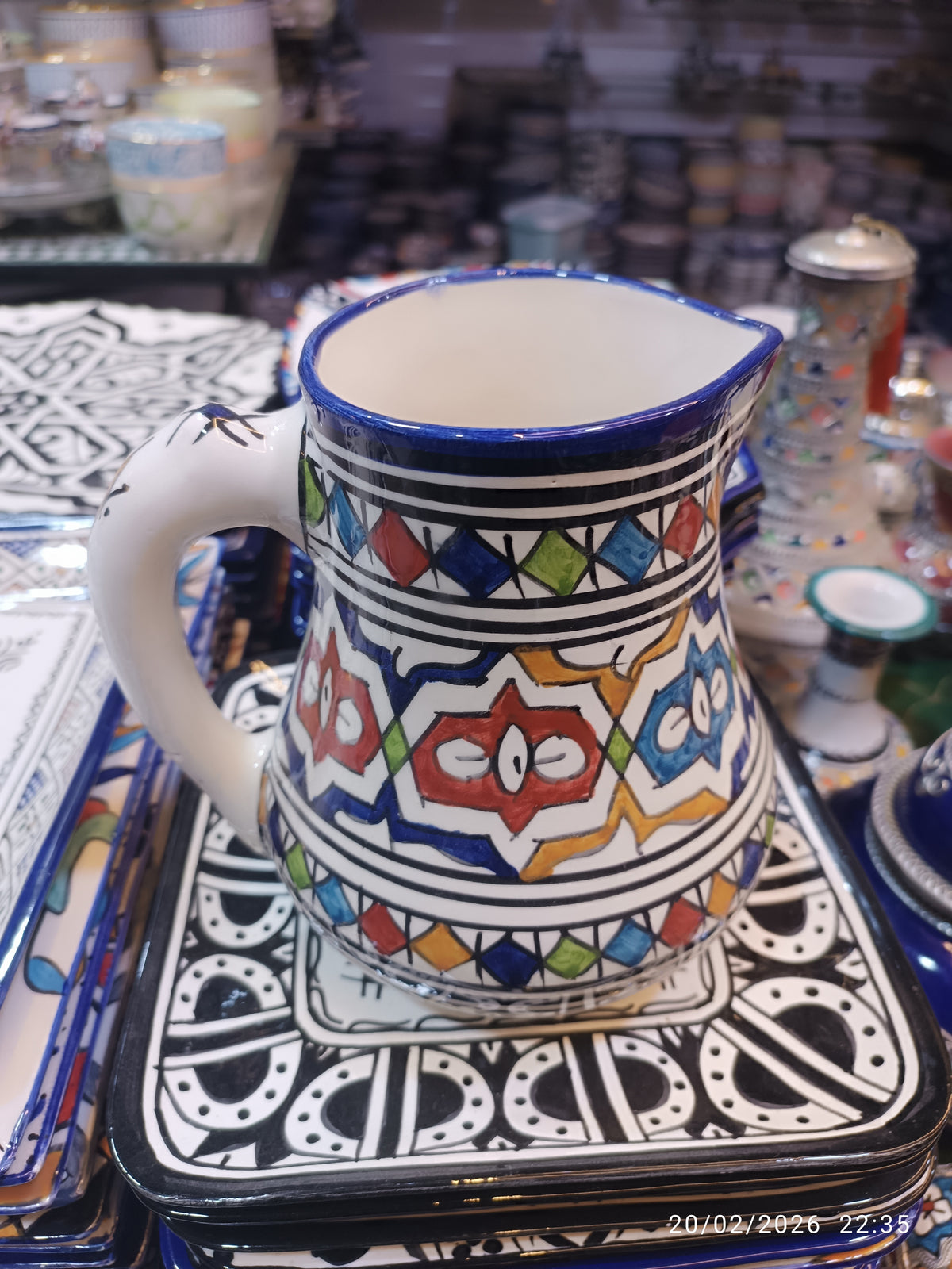 Traditional Moroccan Fassi Ceramic Pitcher – Multicolor & Cobalt Blue