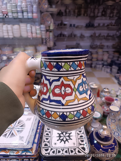 Traditional Moroccan Fassi Ceramic Pitcher – Multicolor & Cobalt Blue