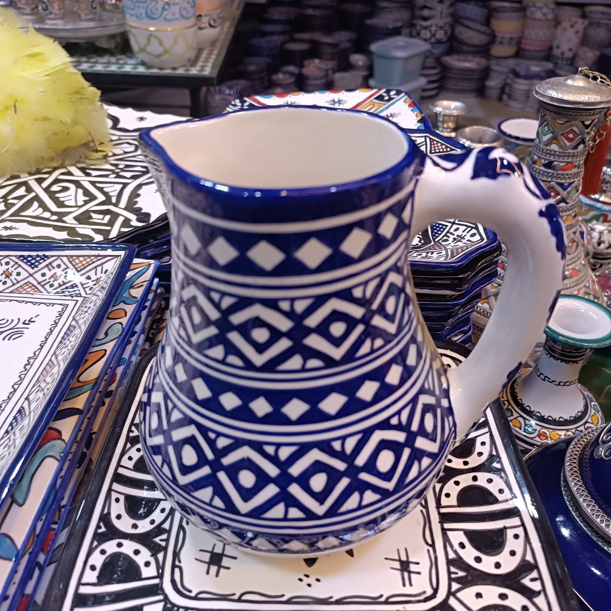 Traditional Moroccan Fassi Ceramic Pitcher – Multicolor & Cobalt Blue
