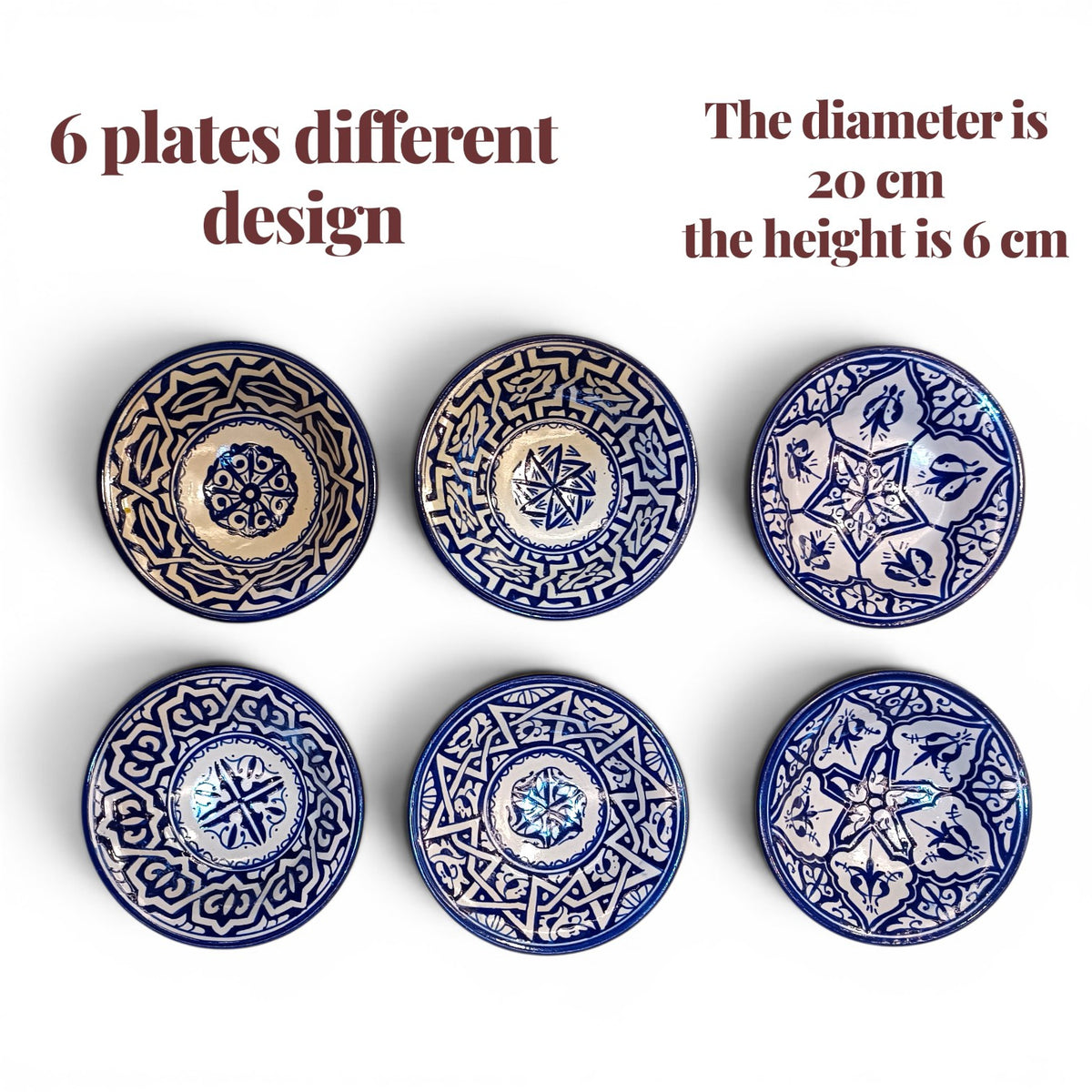Set of 6 Moroccan Ceramic Bowls – Hand-Painted Berber Design, 20 cm (7.9")