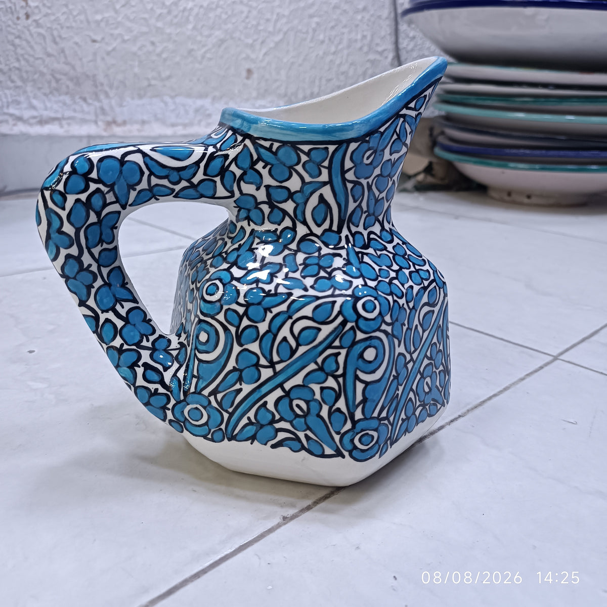Handmade Fes Ceramic Carafe – 1 Liter Moroccan Pottery Pitcher