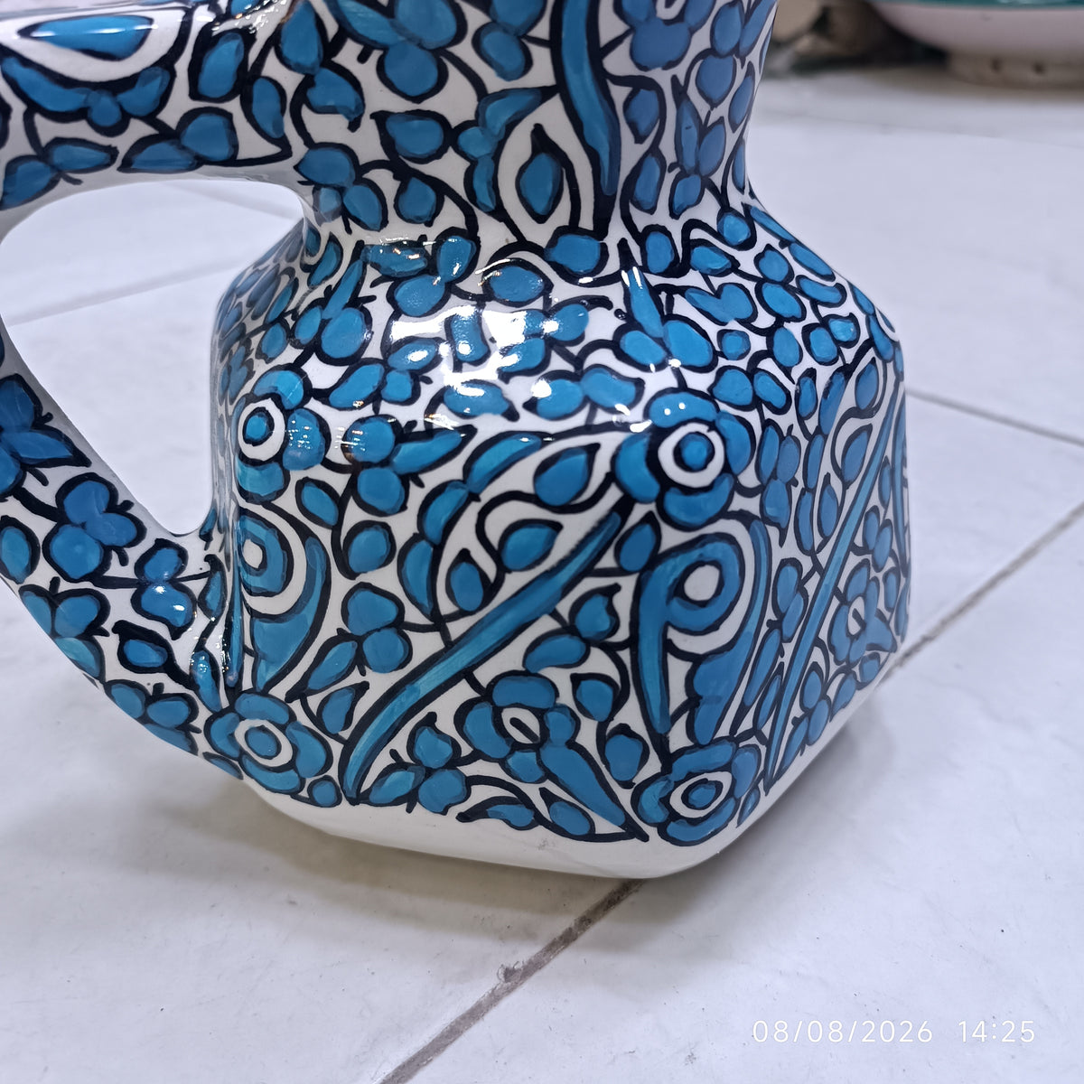 Handmade Fes Ceramic Carafe – 1 Liter Moroccan Pottery Pitcher