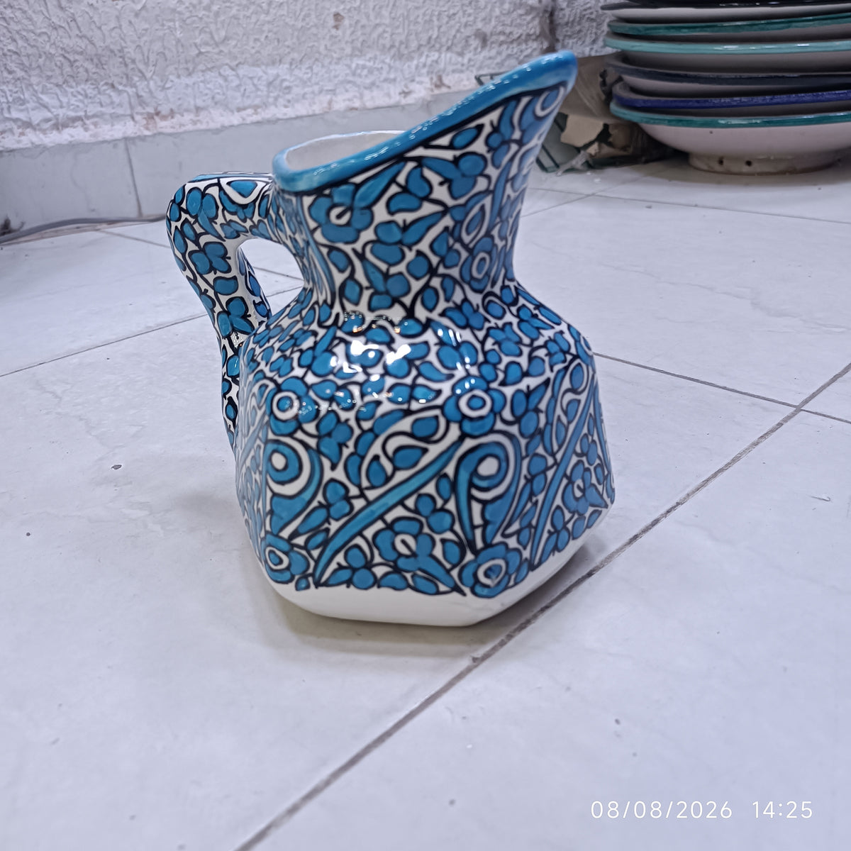 Handmade Fes Ceramic Carafe – 1 Liter Moroccan Pottery Pitcher