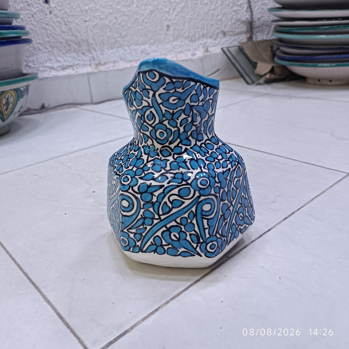 Handmade Fes Ceramic Carafe – 1 Liter Moroccan Pottery Pitcher