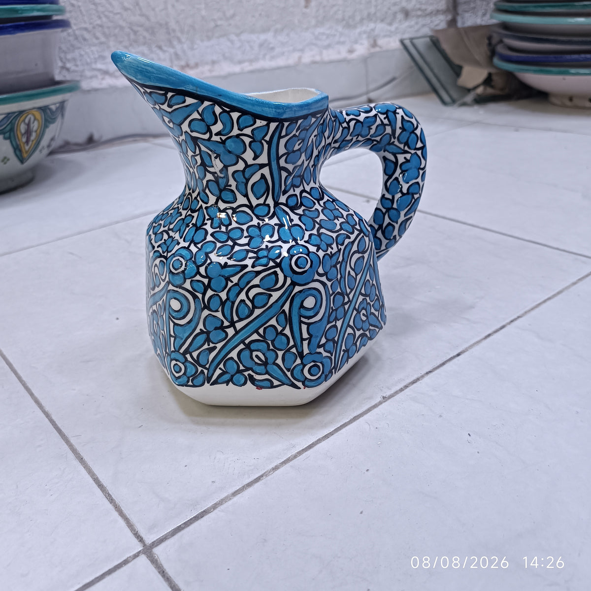 Handmade Fes Ceramic Carafe – 1 Liter Moroccan Pottery Pitcher