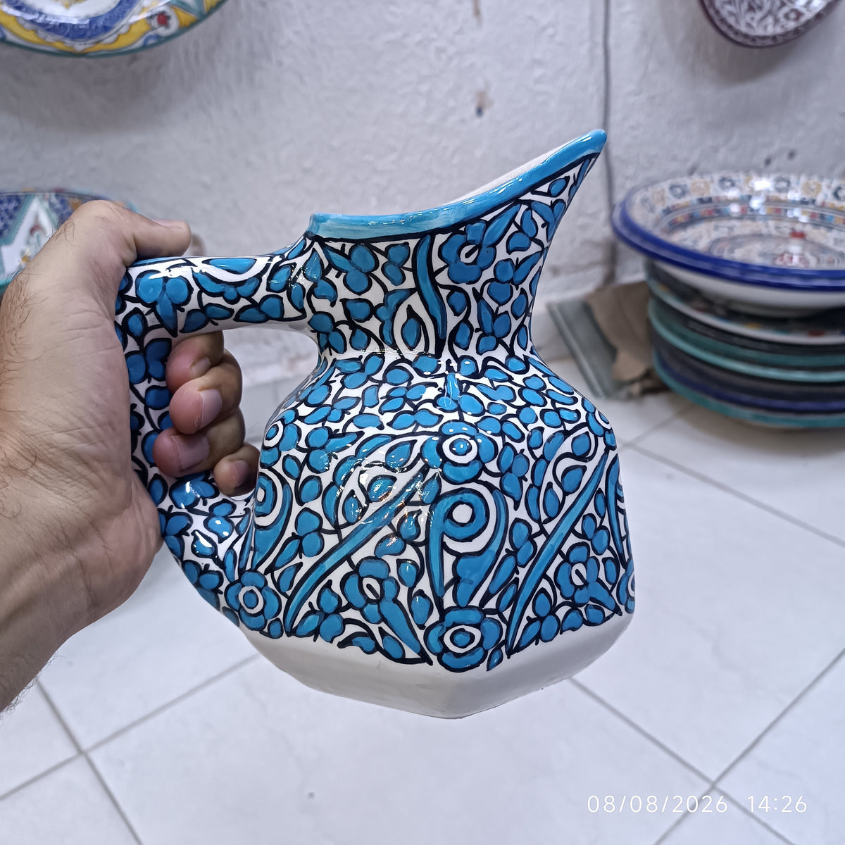 Handmade Fes Ceramic Carafe – 1 Liter Moroccan Pottery Pitcher