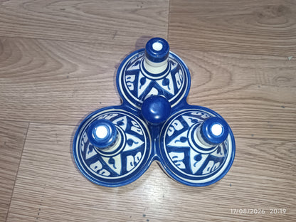 Moroccan Ceramic tagine 3-Compartment Spice Server – Hand-Painted Blue & White Tagine Condiment Holder