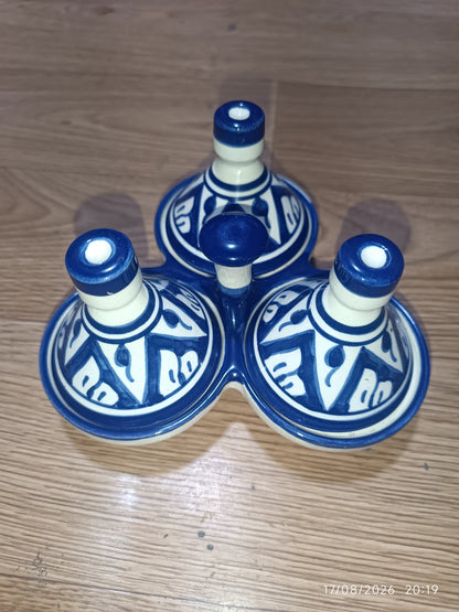 Moroccan Ceramic tagine 3-Compartment Spice Server – Hand-Painted Blue & White Tagine Condiment Holder
