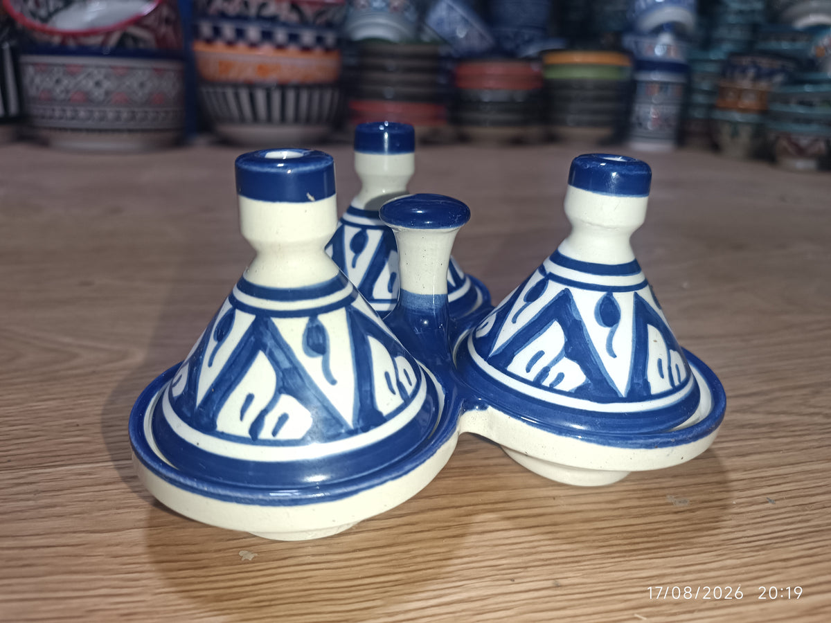 Moroccan Ceramic tagine 3-Compartment Spice Server – Hand-Painted Blue & White Tagine Condiment Holder