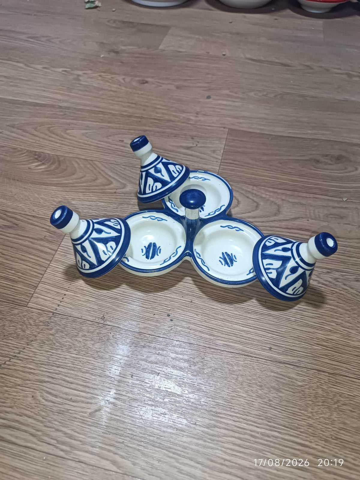 Moroccan Ceramic tagine 3-Compartment Spice Server – Hand-Painted Blue & White Tagine Condiment Holder