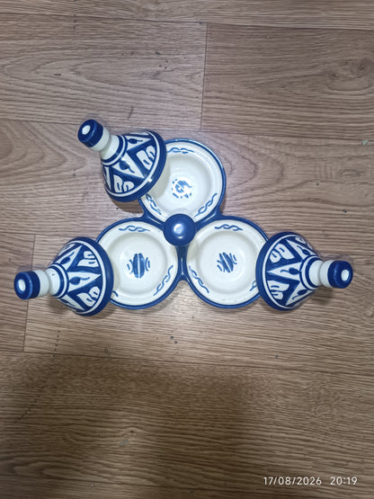 Moroccan Ceramic tagine 3-Compartment Spice Server – Hand-Painted Blue & White Tagine Condiment Holder