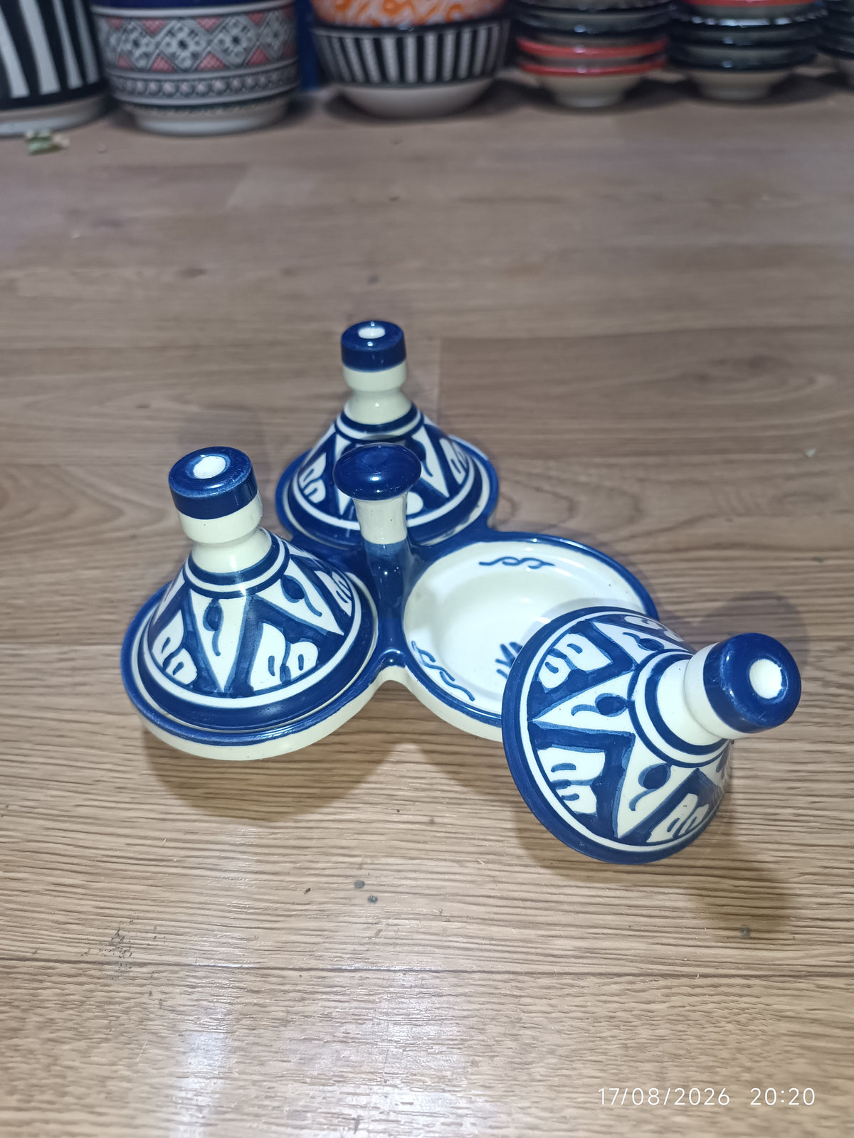 Moroccan Ceramic tagine 3-Compartment Spice Server – Hand-Painted Blue & White Tagine Condiment Holder