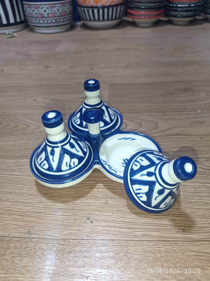 Moroccan Ceramic tagine 3-Compartment Spice Server – Hand-Painted Blue & White Tagine Condiment Holder
