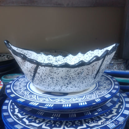 Moroccan Ceramic Boat-Shaped Serving Bowl – Hand-Painted Speckled Geometric Design