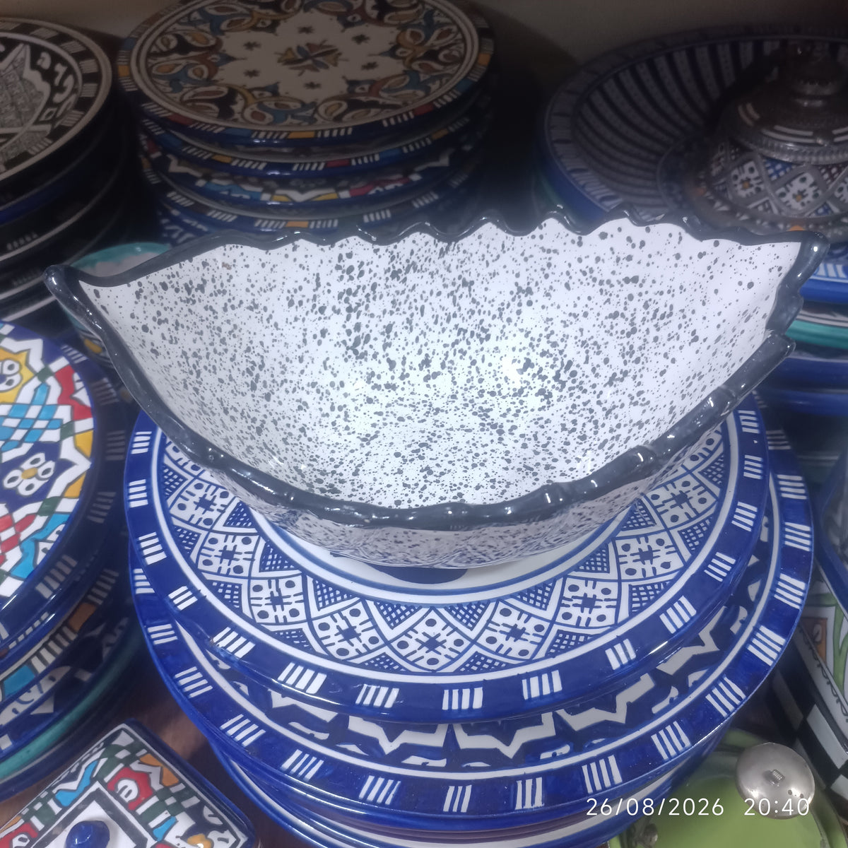 Moroccan Ceramic Boat-Shaped Serving Bowl – Hand-Painted Speckled Geometric Design