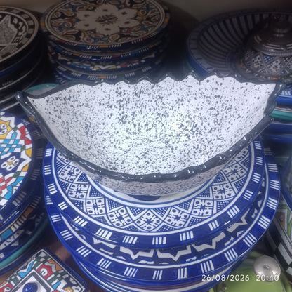Moroccan Ceramic Boat-Shaped Serving Bowl – Hand-Painted Speckled Geometric Design