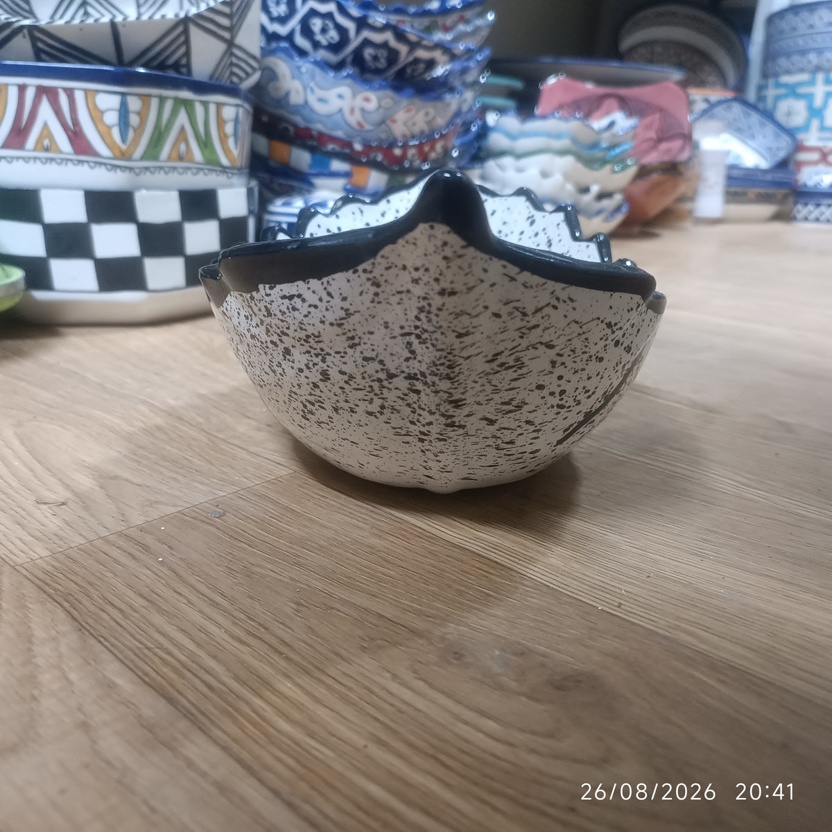 Moroccan Ceramic Boat-Shaped Serving Bowl – Hand-Painted Speckled Geometric Design