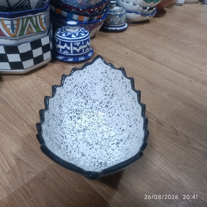 Moroccan Ceramic Boat-Shaped Serving Bowl – Hand-Painted Speckled Geometric Design