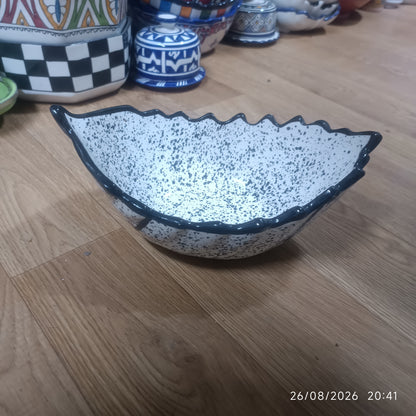 Moroccan Ceramic Boat-Shaped Serving Bowl – Hand-Painted Speckled Geometric Design