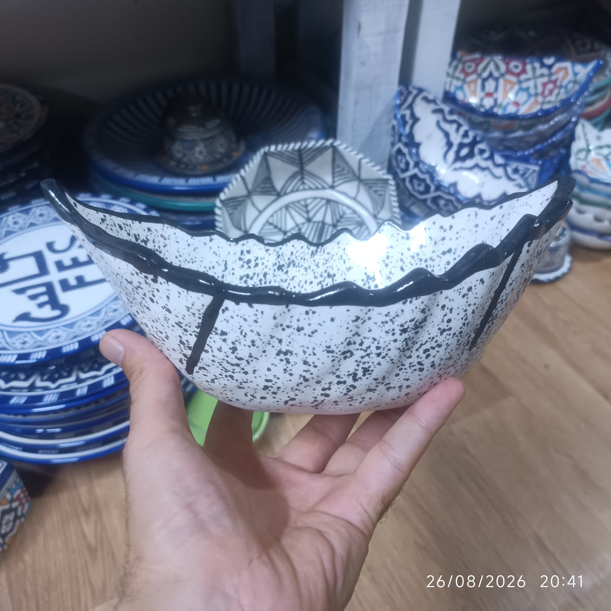 Moroccan Ceramic Boat-Shaped Serving Bowl – Hand-Painted Speckled Geometric Design