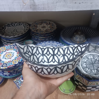 Moroccan Fez pottery Boat-Shaped Salad Bowl – Hand-Painted Geometric Ceramic Serving Bowl