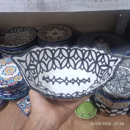 Moroccan Fez pottery Boat-Shaped Salad Bowl – Hand-Painted Geometric Ceramic Serving Bowl