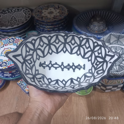 Moroccan Fez pottery Boat-Shaped Salad Bowl – Hand-Painted Geometric Ceramic Serving Bowl