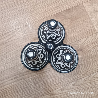 Moroccan Ceramic tagine 3-Compartment Spice Server – Hand-Painted black & White Tagine Condiment Holder