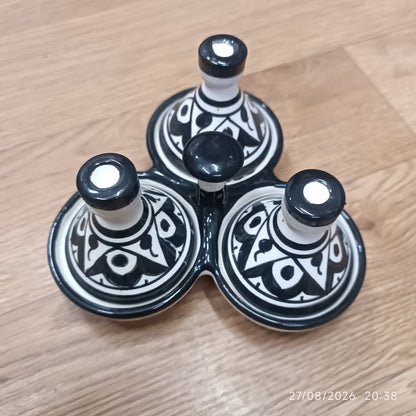 Moroccan Ceramic tagine 3-Compartment Spice Server – Hand-Painted black & White Tagine Condiment Holder