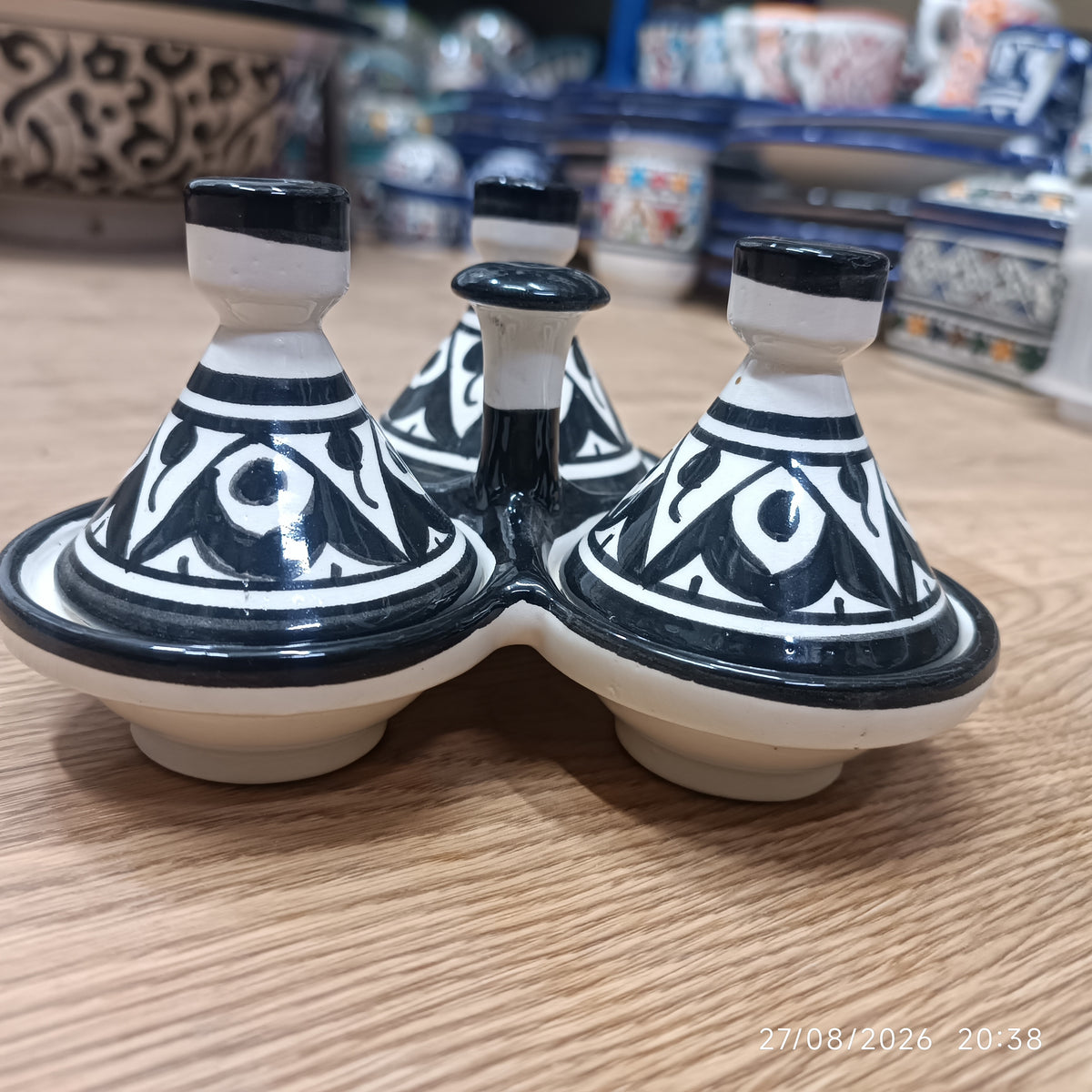 Moroccan Black & White Ceramic tagine 3-Compartment Spice & Condiment Set