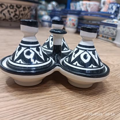 Moroccan Ceramic tagine 3-Compartment Spice Server – Hand-Painted black & White Tagine Condiment Holder