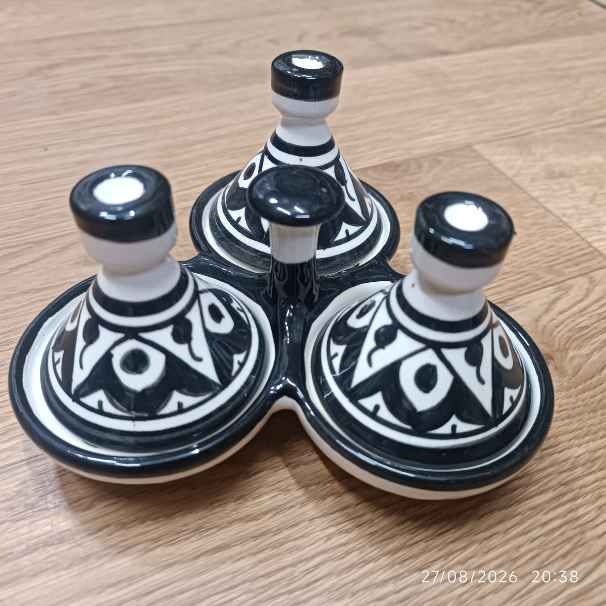 Moroccan Ceramic tagine 3-Compartment Spice Server – Hand-Painted black & White Tagine Condiment Holder