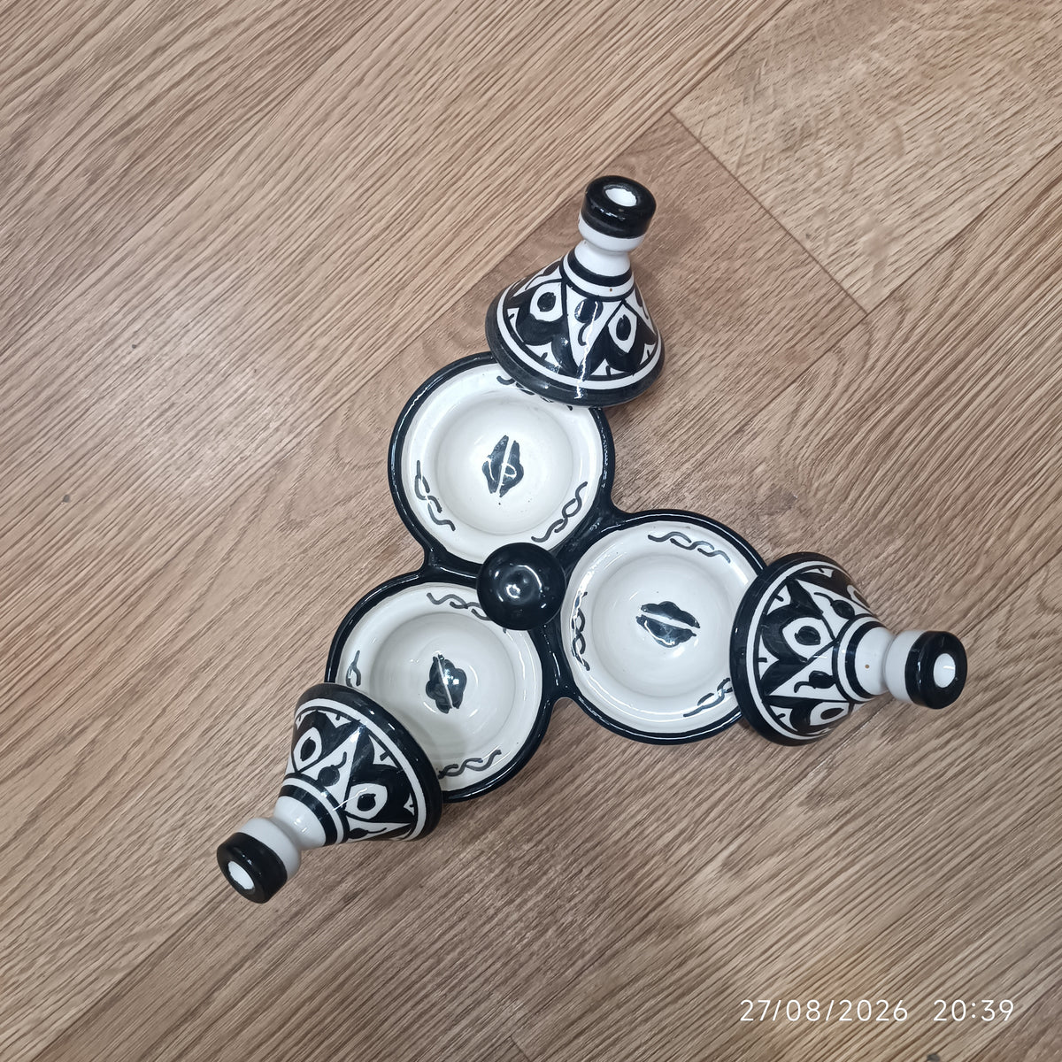 Moroccan Ceramic tagine 3-Compartment Spice Server – Hand-Painted black & White Tagine Condiment Holder