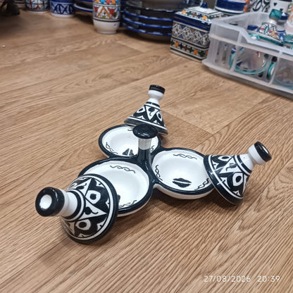 Moroccan Ceramic tagine 3-Compartment Spice Server – Hand-Painted black & White Tagine Condiment Holder