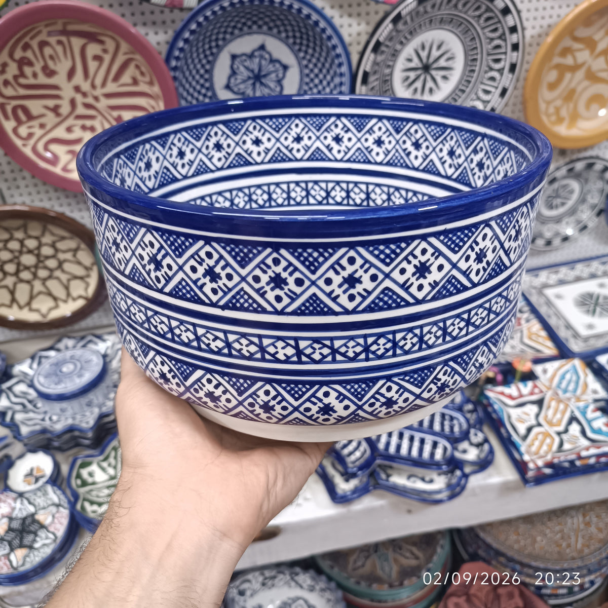 Moroccan Ceramic Salad Bowl – Blue Geometric Pattern | Food Safe Bowl from Fez