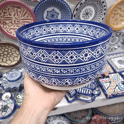Moroccan Ceramic Salad Bowl – Blue Geometric Pattern | Food Safe Bowl from Fez