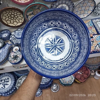 Moroccan Ceramic Salad Bowl – Blue Geometric Pattern | Food Safe Bowl from Fez